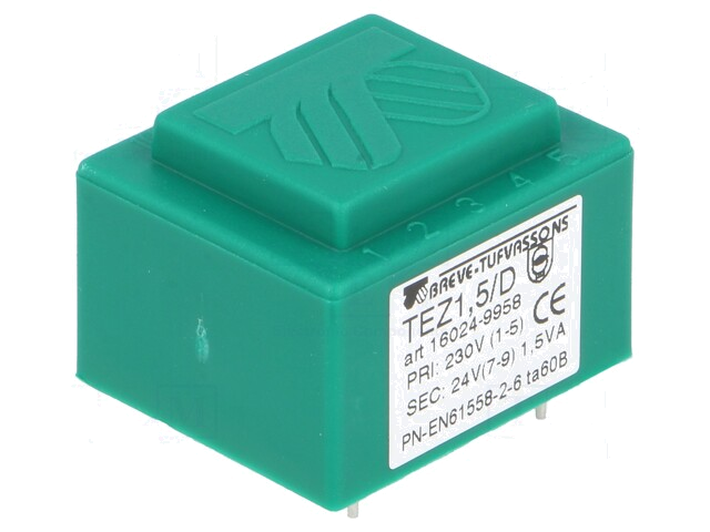 Transformator: ingegoten; 1,5VA; 230VAC; 24V; 62,5mA; PCB; IP00 Transformator: ingegoten; 1,5VA; 230VAC; 24V; 62,5mA; PCB; IP00